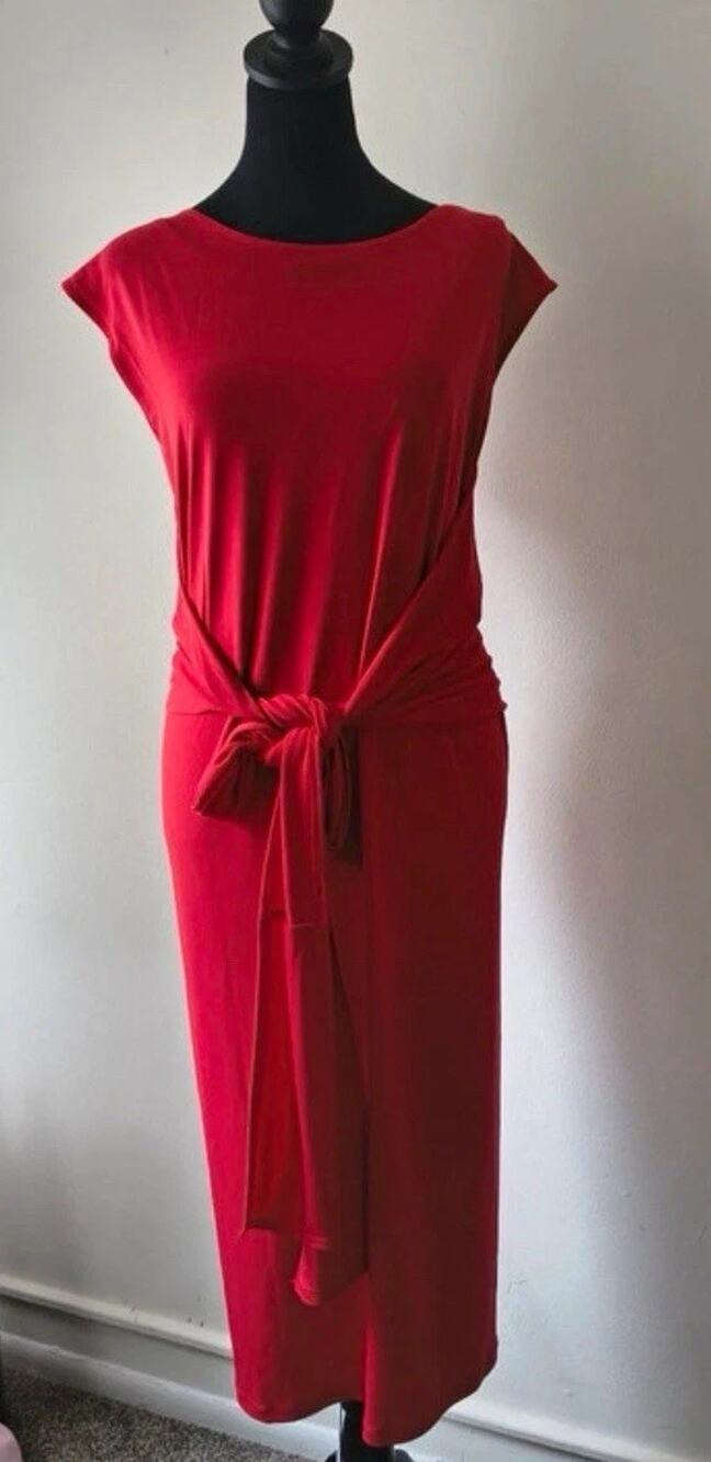 Shape fx Women’s Red Solid Stretch Sheath Midi Dress Scoop Neck Belted Size S